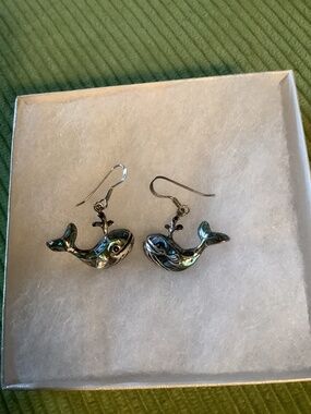 Sterling silver and abalone whale earrings